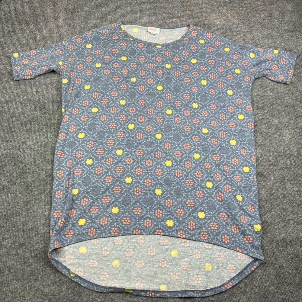 LuLaRoe Irma Tunic Womens Size XXS Blue Pink Floral High Low Short Sleeve Top